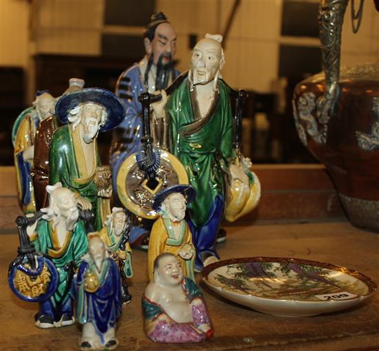 Collection of Oriental figures, Satsuma plate & 3 stands